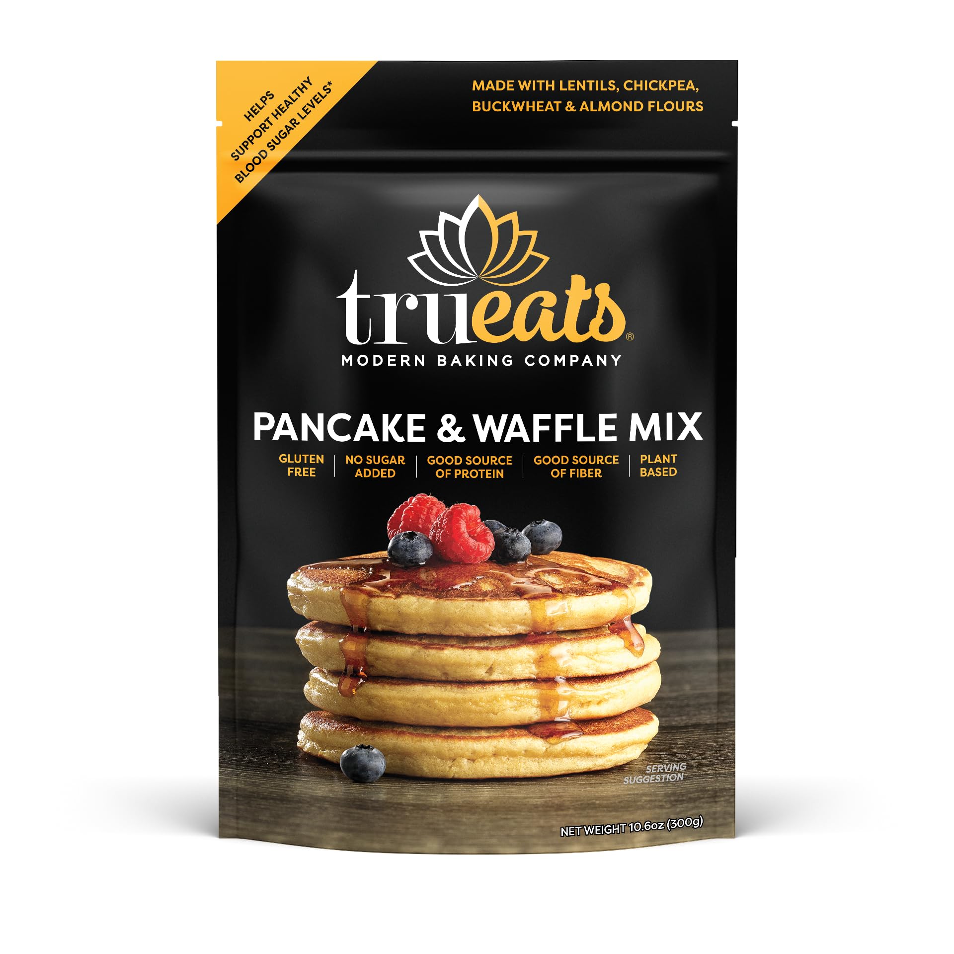 TruEats pancake & waffle mix package on kitchen counter for quick wholesome breakfasts