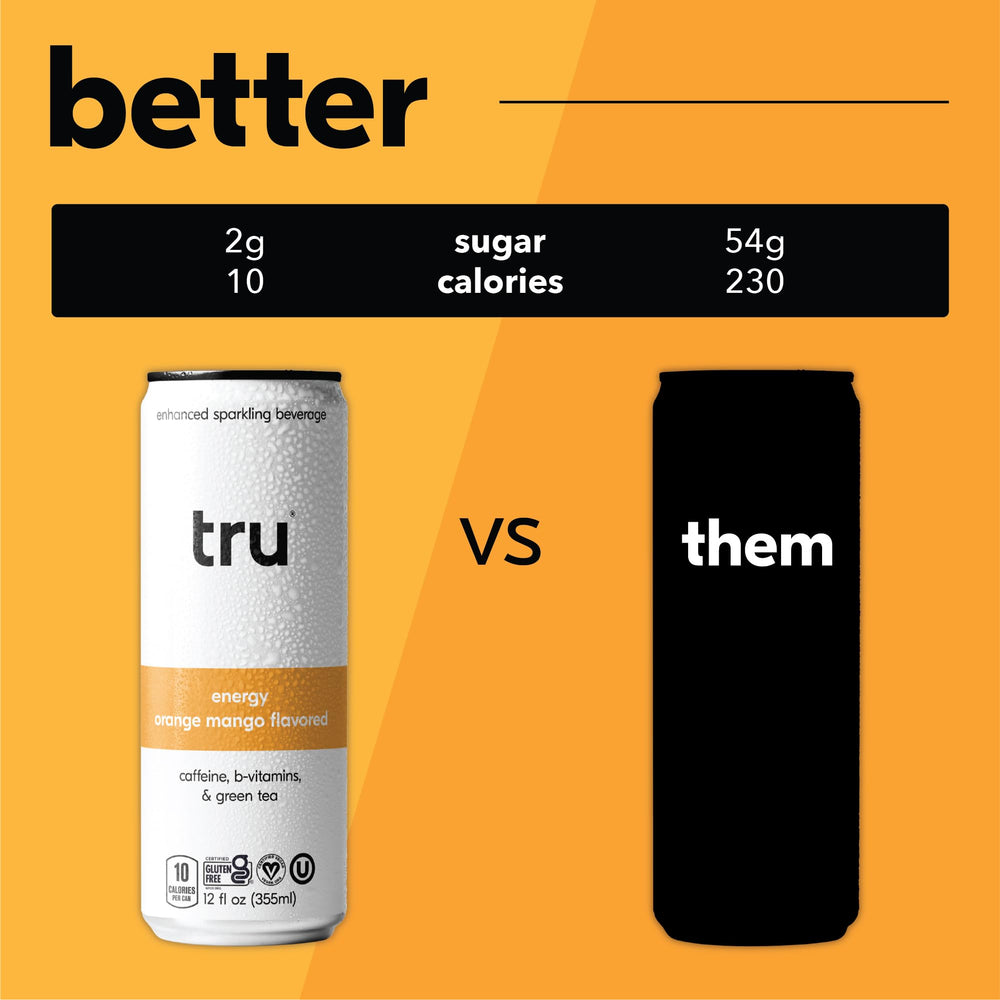 Tru Energy Seltzer 12-pack display, vegan and gluten-free.