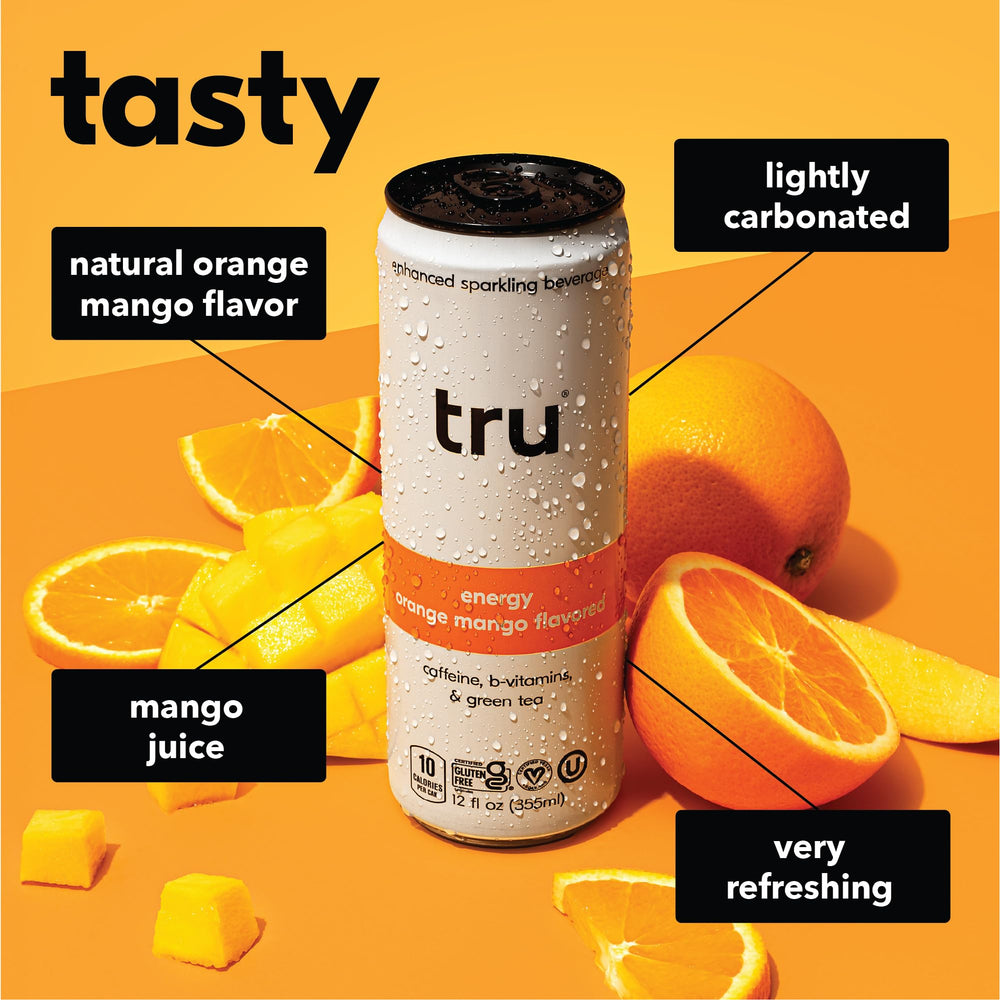 Closeup of Tru Energy Seltzer orange mango can showing vibrant color.