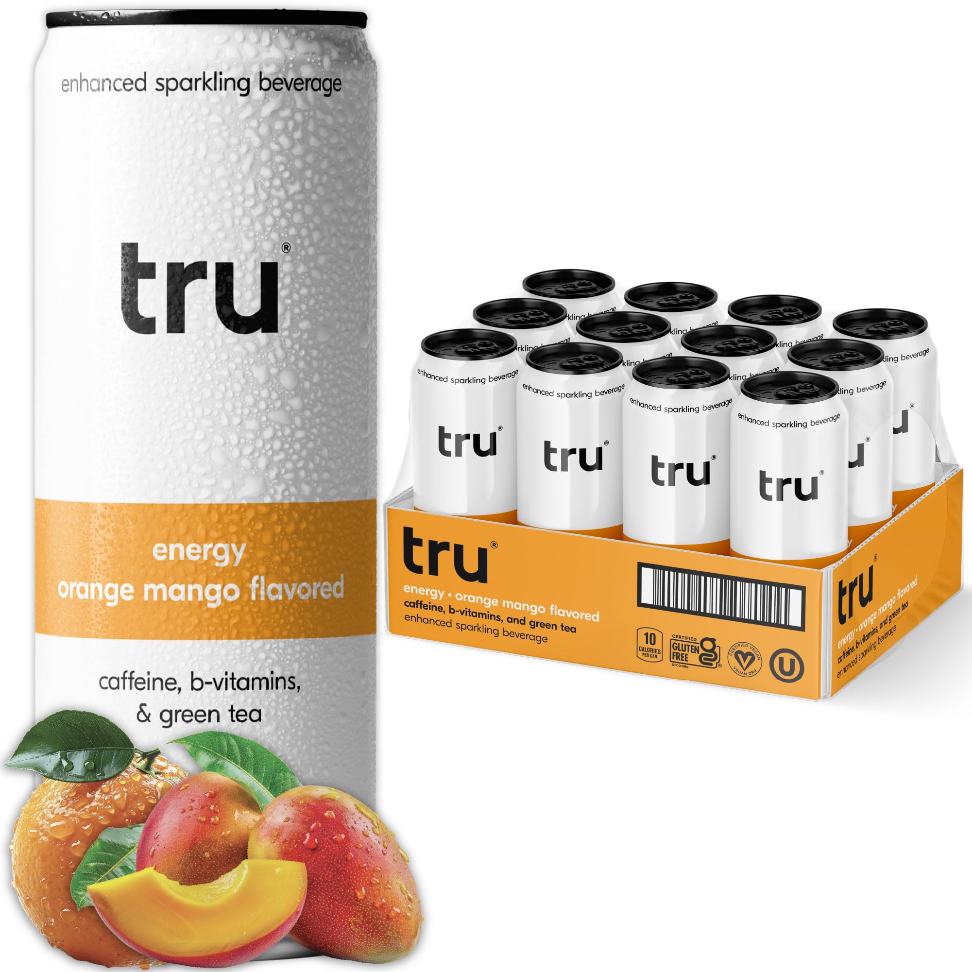 Tru Energy Seltzer orange mango can, refreshing citrus flavor with natural caffeine.