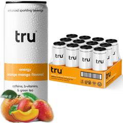 Tru Energy Seltzer orange mango can, refreshing citrus flavor with natural caffeine.