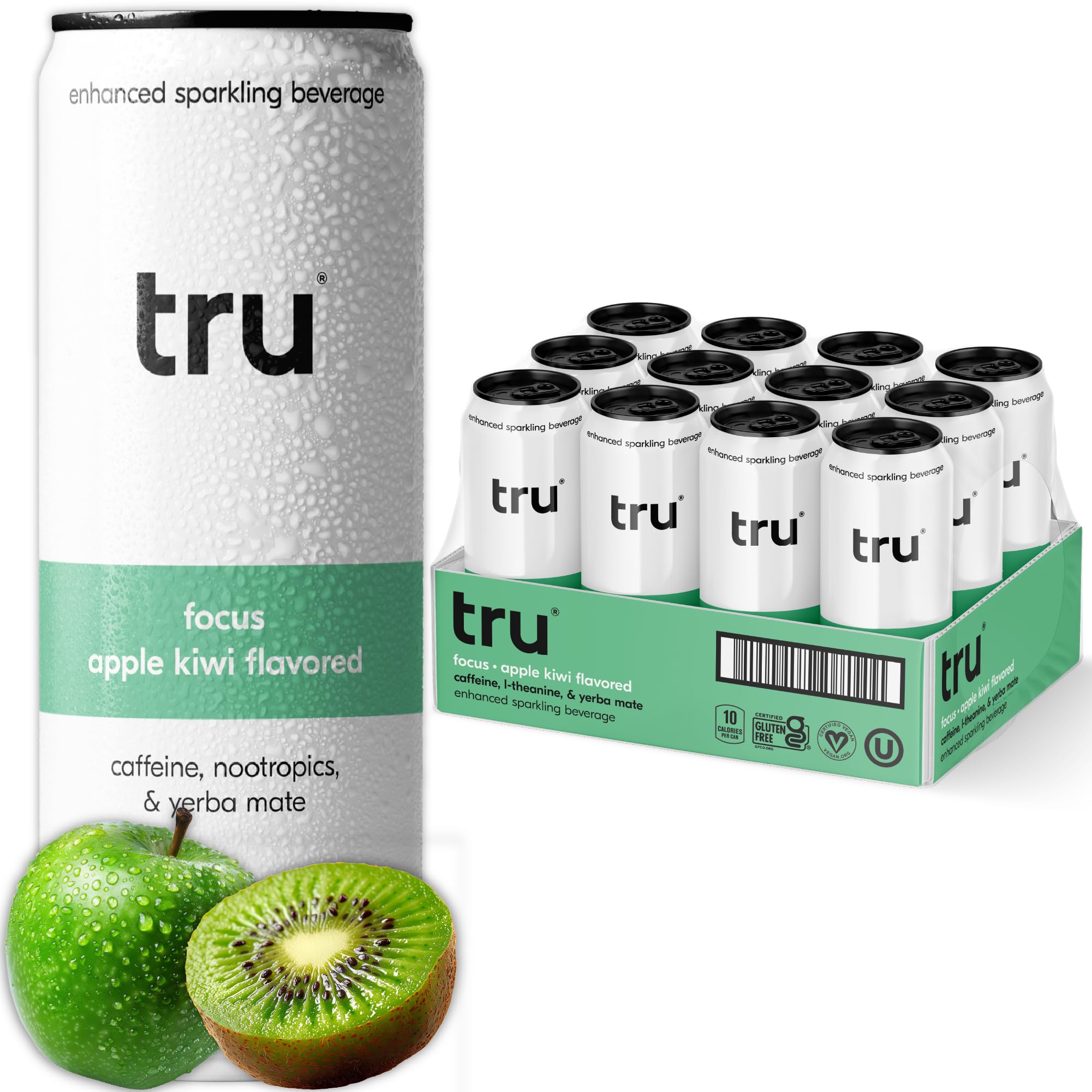 Tru Focus Seltzer bottle with apple kiwi juice flavor and vibrant label for a crisp sip.