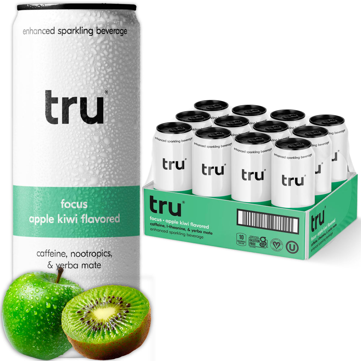 Tru Focus Seltzer bottle with apple kiwi juice flavor and vibrant label for a crisp sip.