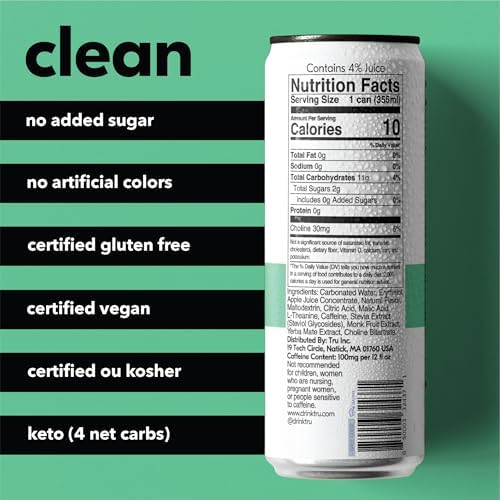 Canned Tru Focus Seltzer with green tea extract offers a refreshing energy boost.