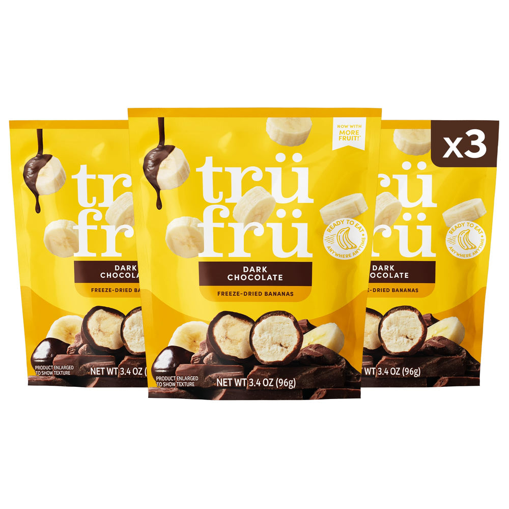 Tru Fru freeze-dried bananas with dark chocolate bites, ideal for on-the-go energy