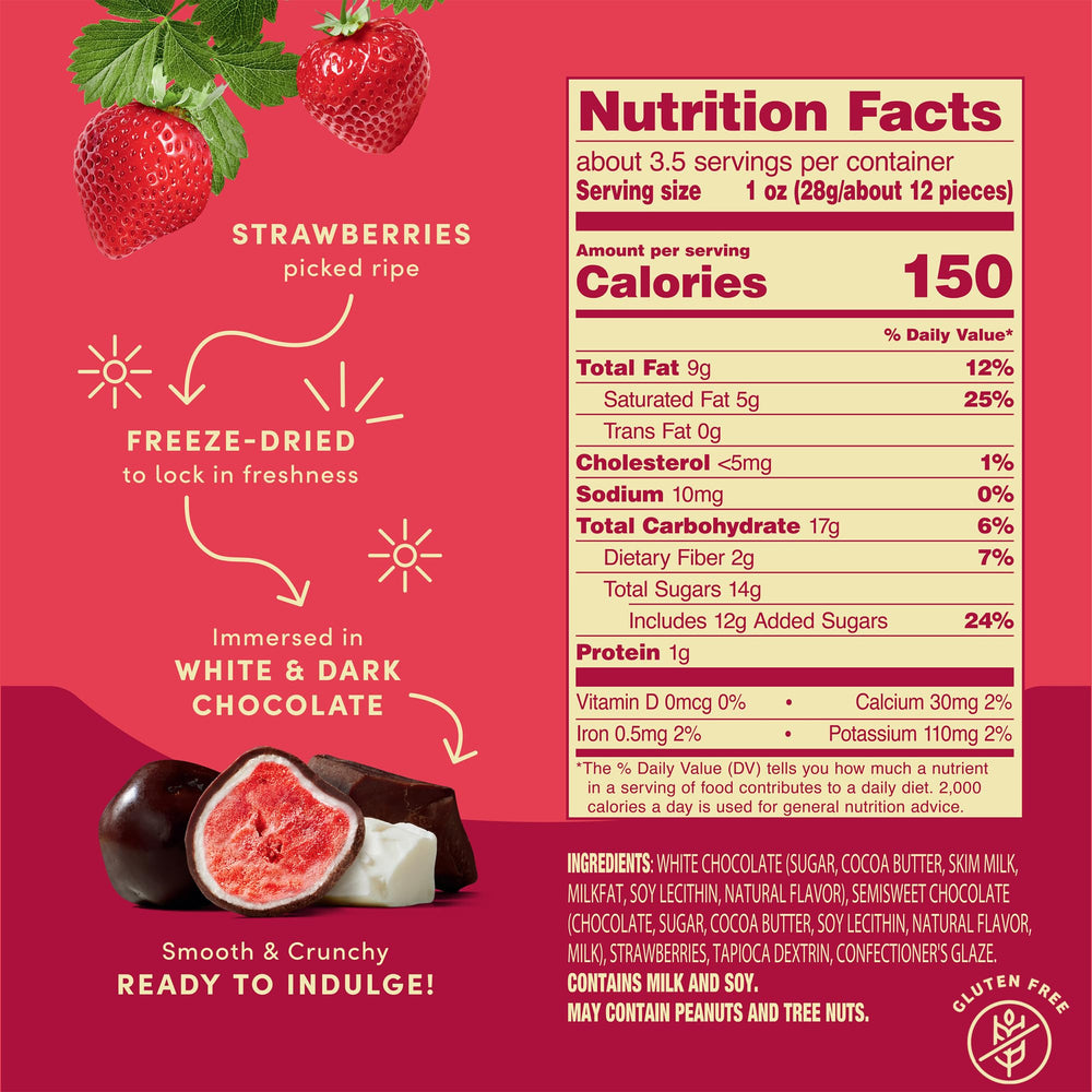 Tru Fru freeze-dried strawberries with dark chocolate dip showing rich contrast.
