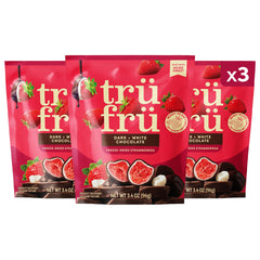 Tru Fru freeze-dried strawberries with white chocolate dip showcasing crisp texture.