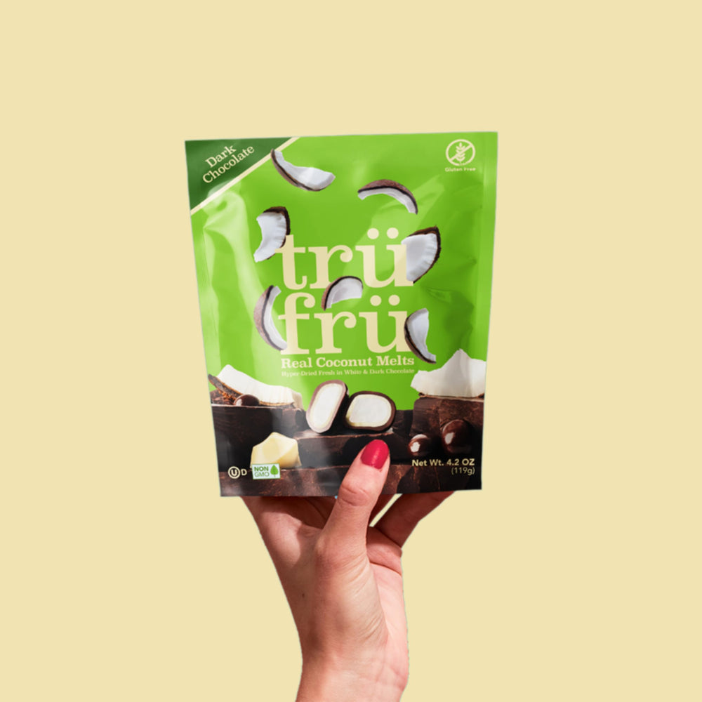 Tru Fru Real Coconut Melts close-up highlights crisp freeze-dried coconut texture.