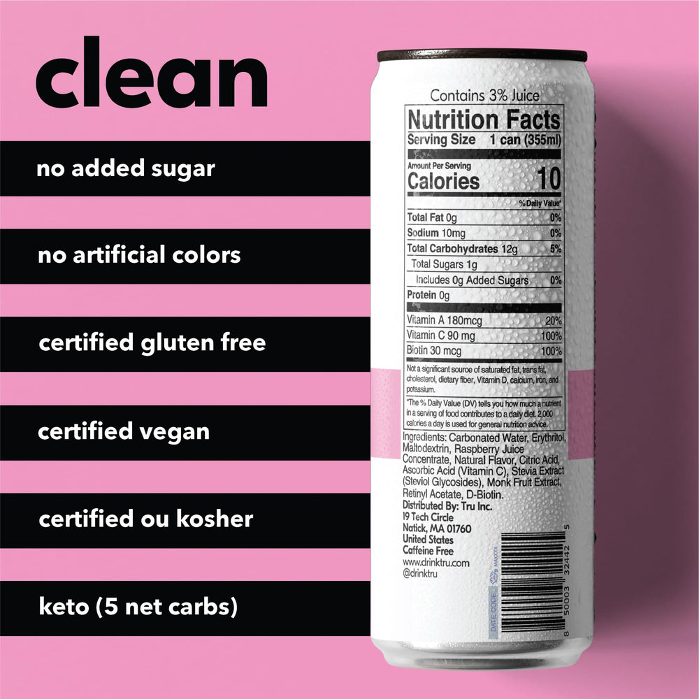 12-pack Tru Glow Seltzer on display highlights gluten-free vegan status.