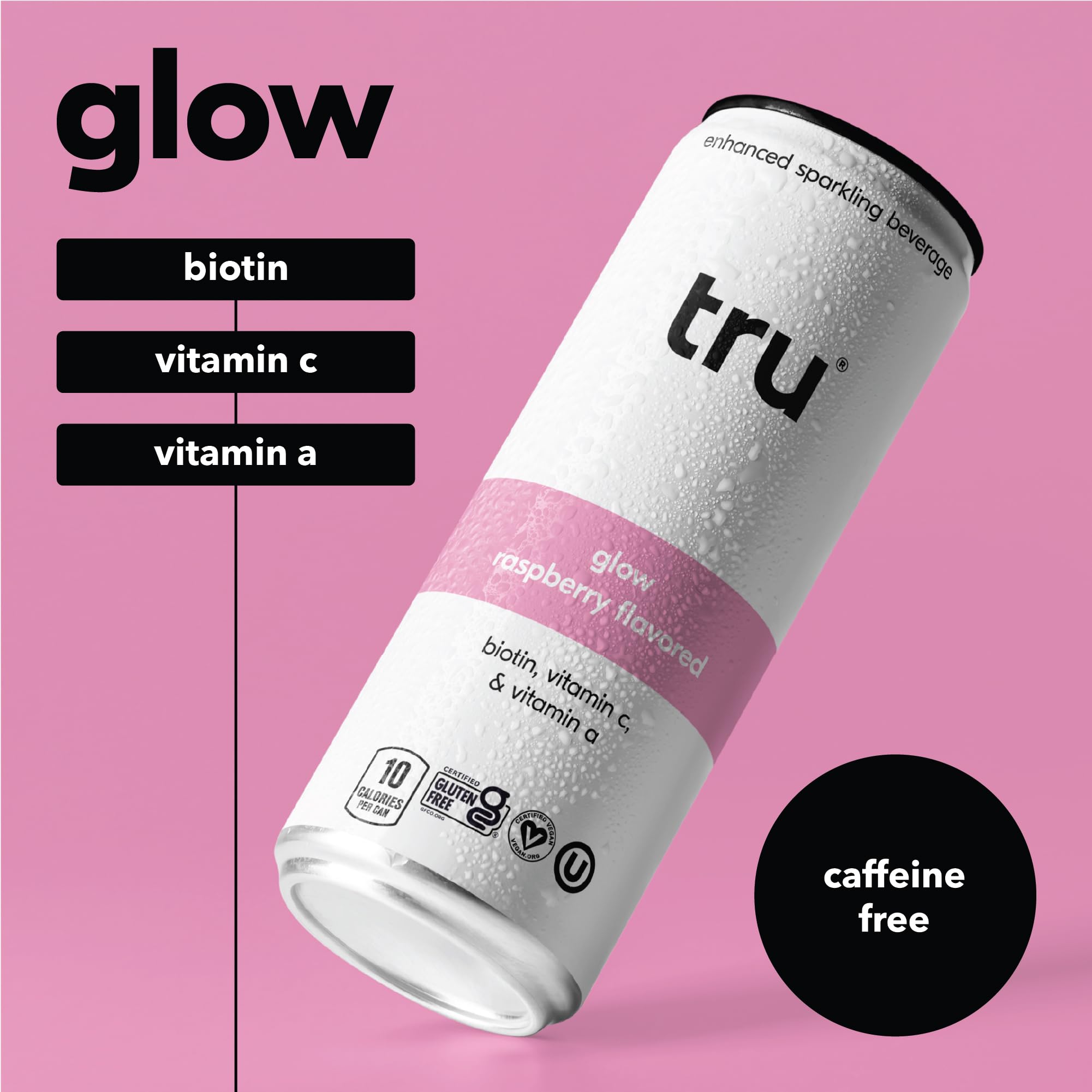 Pouring Tru Glow Seltzer into a glass reveals raspberry color and vitamin C.