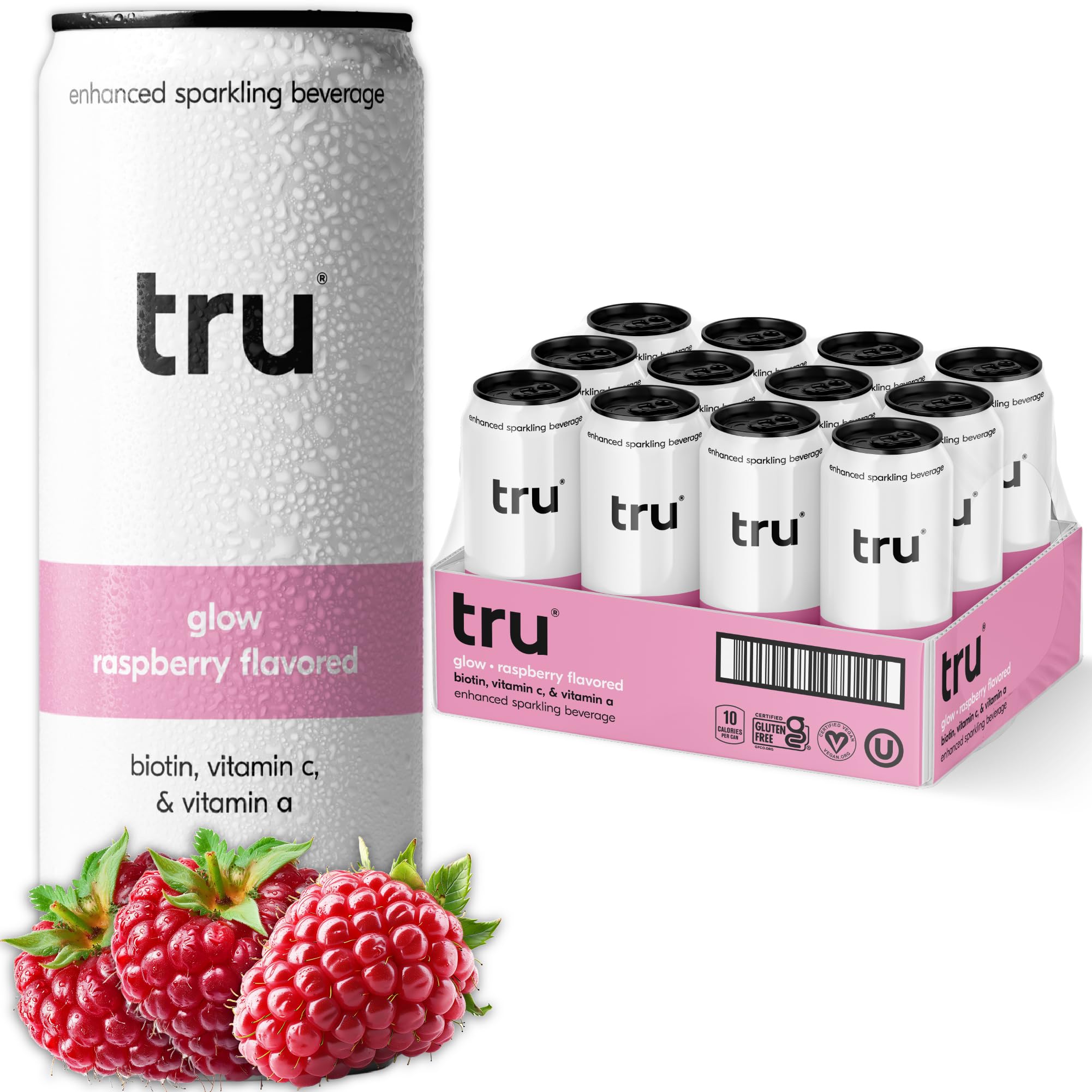 Tru Glow Seltzer raspberry juice can with bubbles for refreshing hydration.