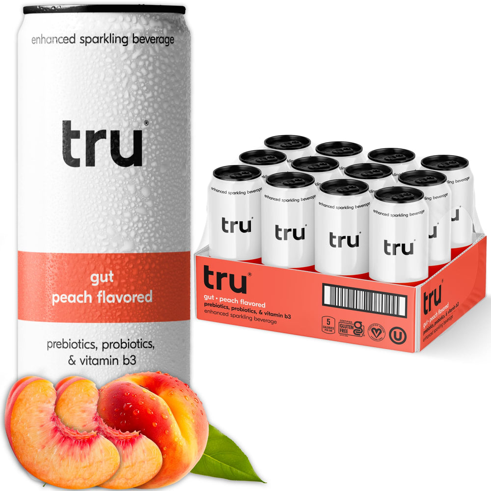 Tru Gut Seltzer peach bottle highlighting real flavor for a refreshing, low-calorie sip