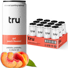 Tru Gut Seltzer peach bottle highlighting real flavor for a refreshing, low-calorie sip