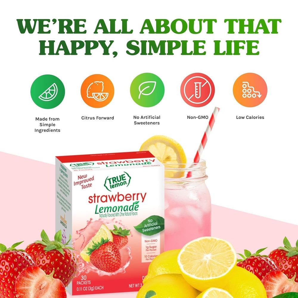 Open True Lemon Strawberry Lemonade packet ready to mix in a bottle.