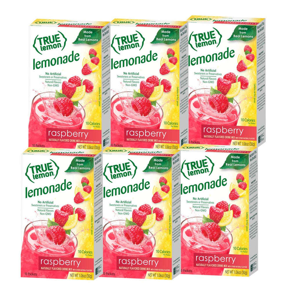 True Lemon Raspberry Lemonade pack front with six-pack, ready for hydration.