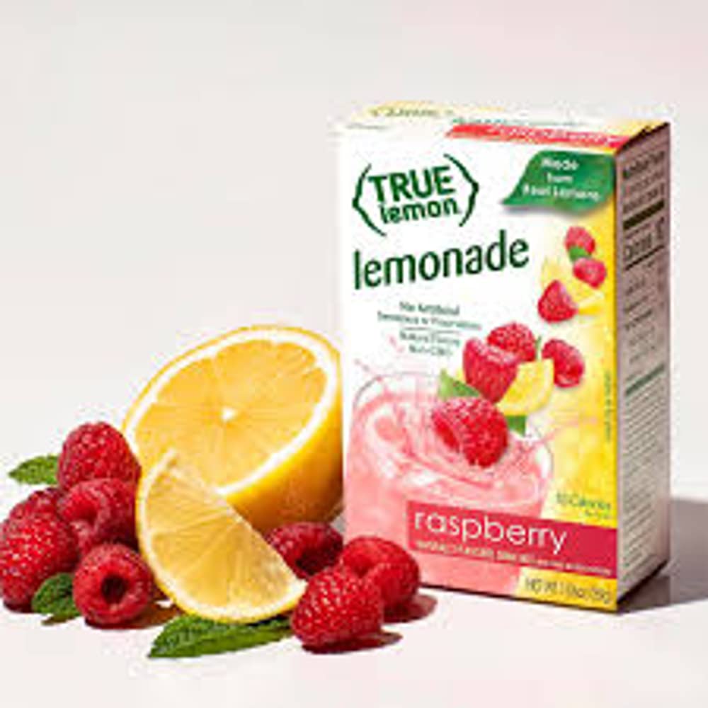 Stack of True Lemon Raspberry Lemonade sticks showing convenient servings.