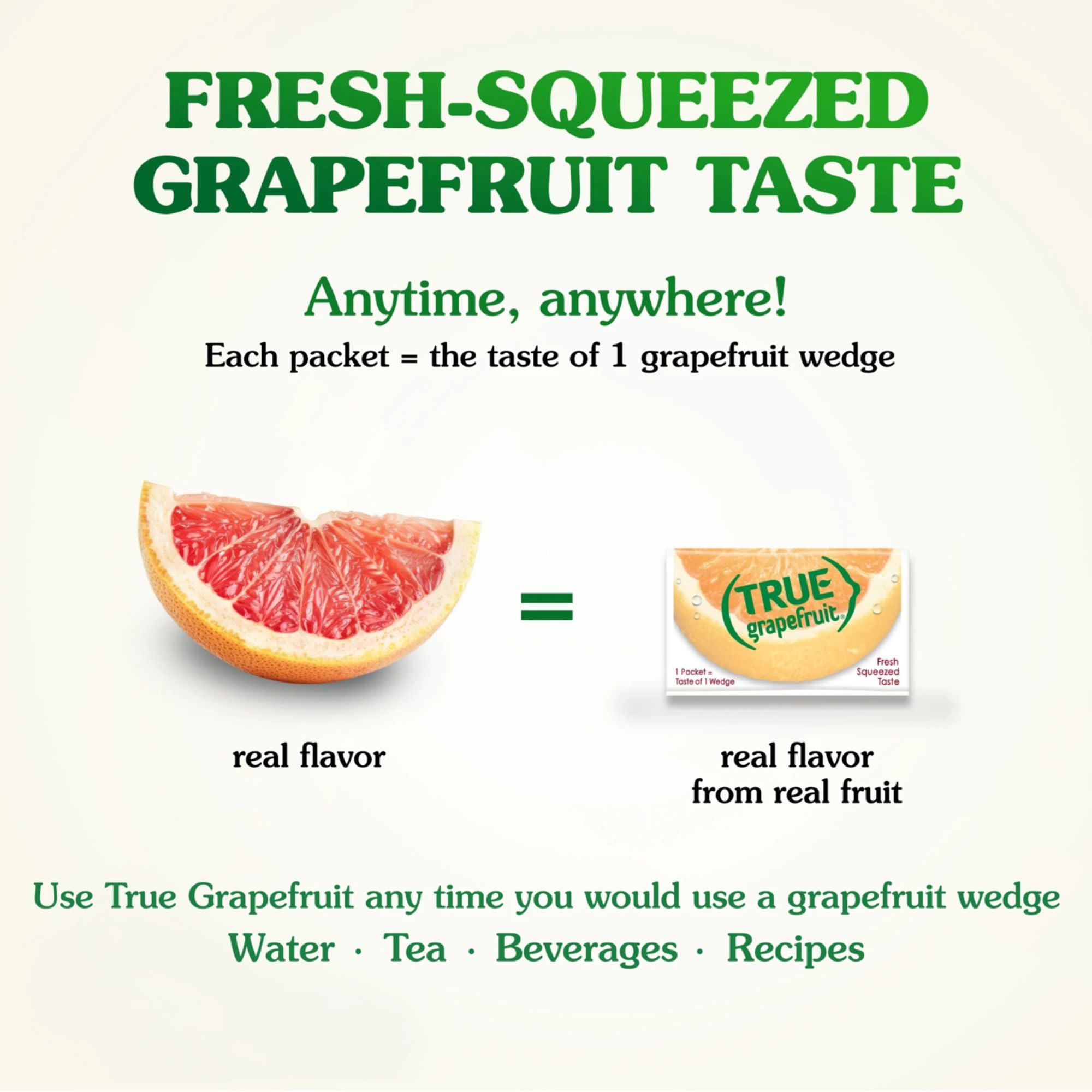 Packaging display of True Grapefruit highlighting shelf-stable convenience