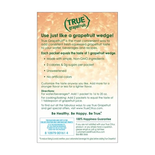Closeup of True Grapefruit packets showing real citrus oils and juice
