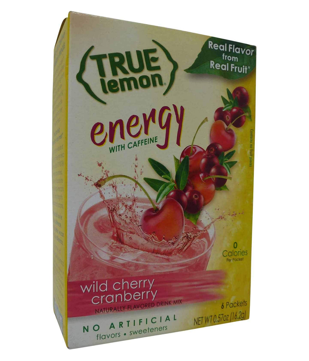True Lemon Energy Wild Cherry Cranberry packet for a sugar-free caffeine boost on the go.