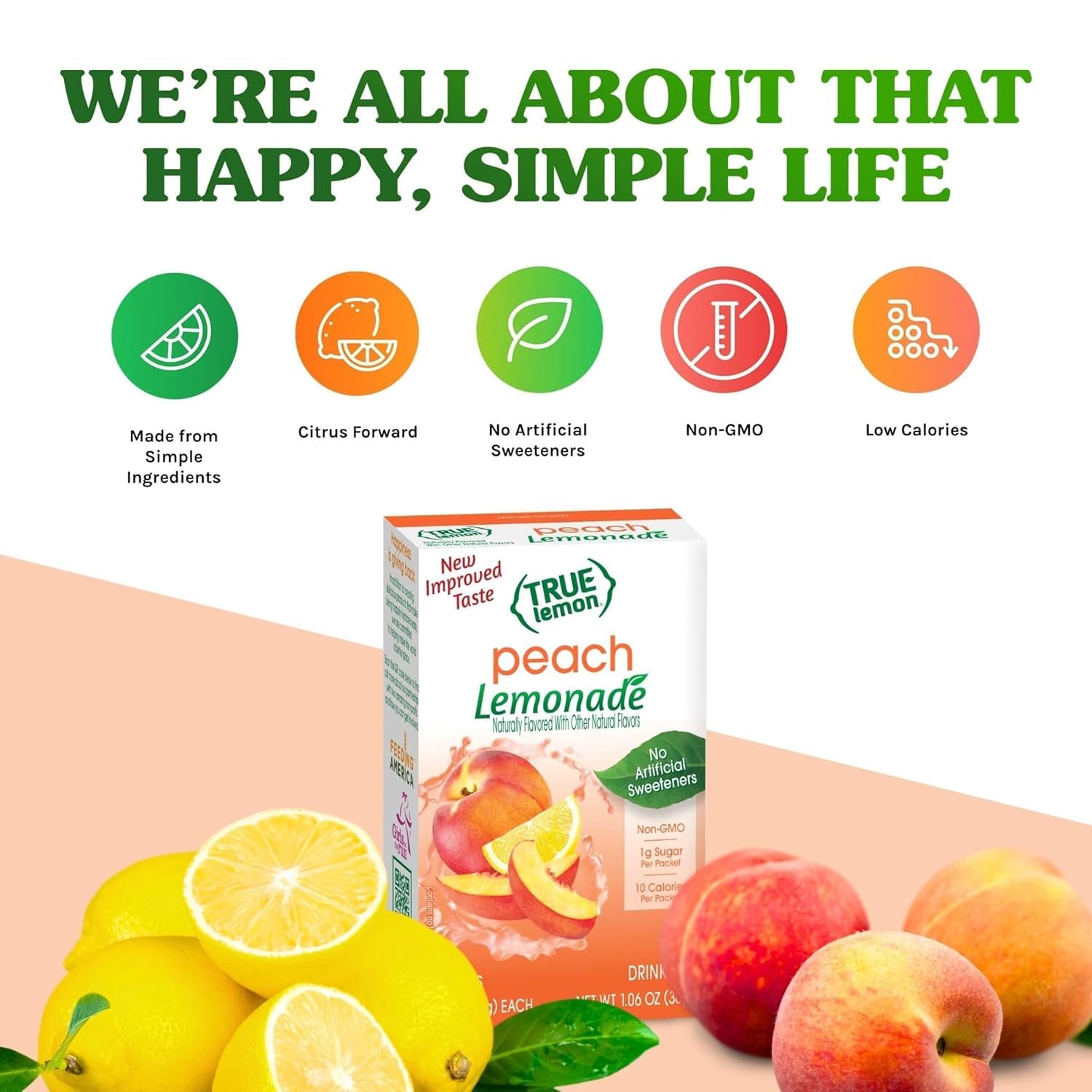 True Lemon Peach Lemonade non-GMO ingredients label communicates clean, simple components.