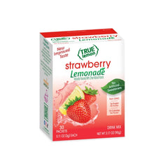 True Lemon Strawberry Lemonade packet ready to mix for refreshing, low-calorie hydration.