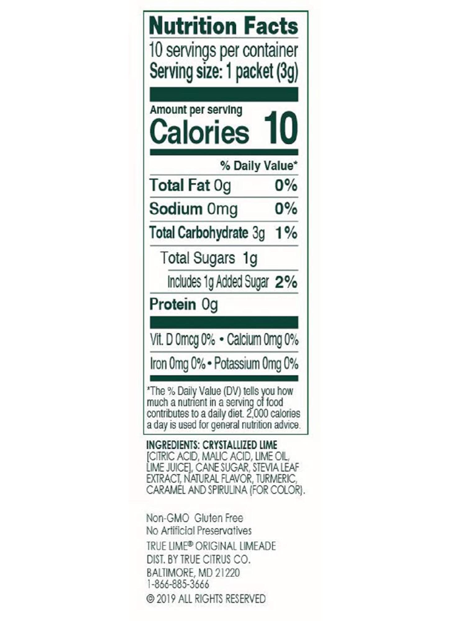 True Lime Original Limeade ingredients emphasize Stevia sweetness for a lighter taste.