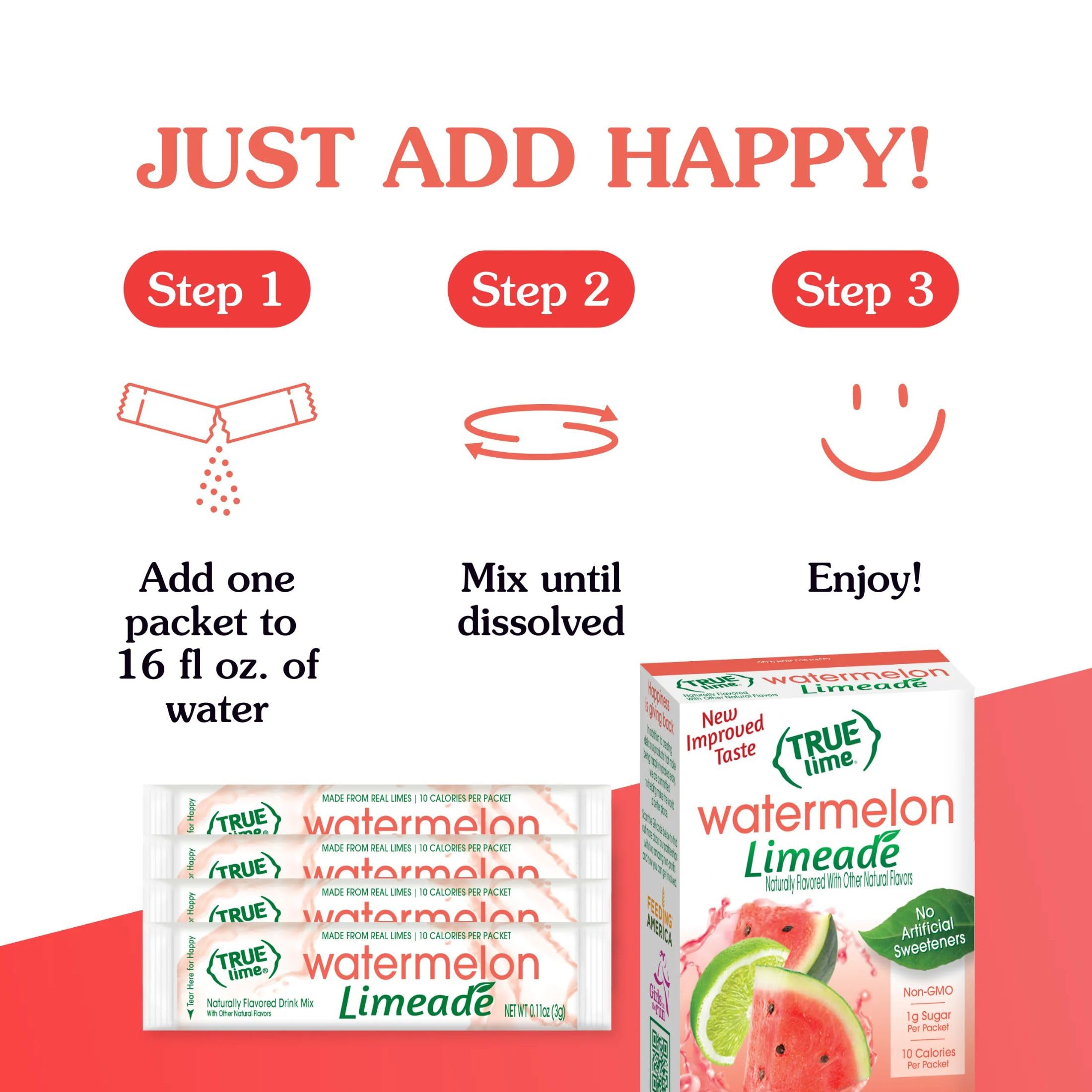 True Citrus Watermelon Limeade dissolving packet beside water, quick mix.