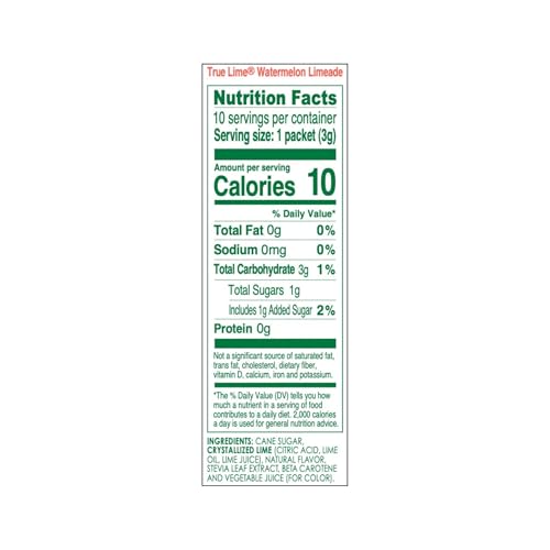 True Citrus Watermelon Limeade ingredients label, all-natural blend with stevia sweetness.