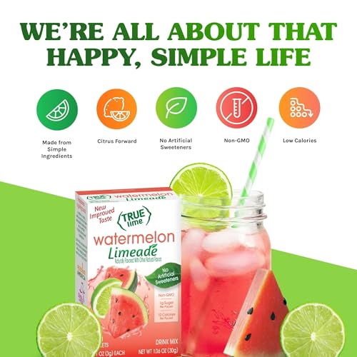 True Citrus Watermelon Limeade natural sweeteners visible, sugar and stevia blend.