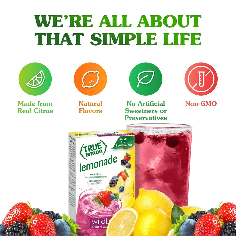 True Citrus Wildberry Lemonade ingredients closeup emphasizes simple, clean ingredients