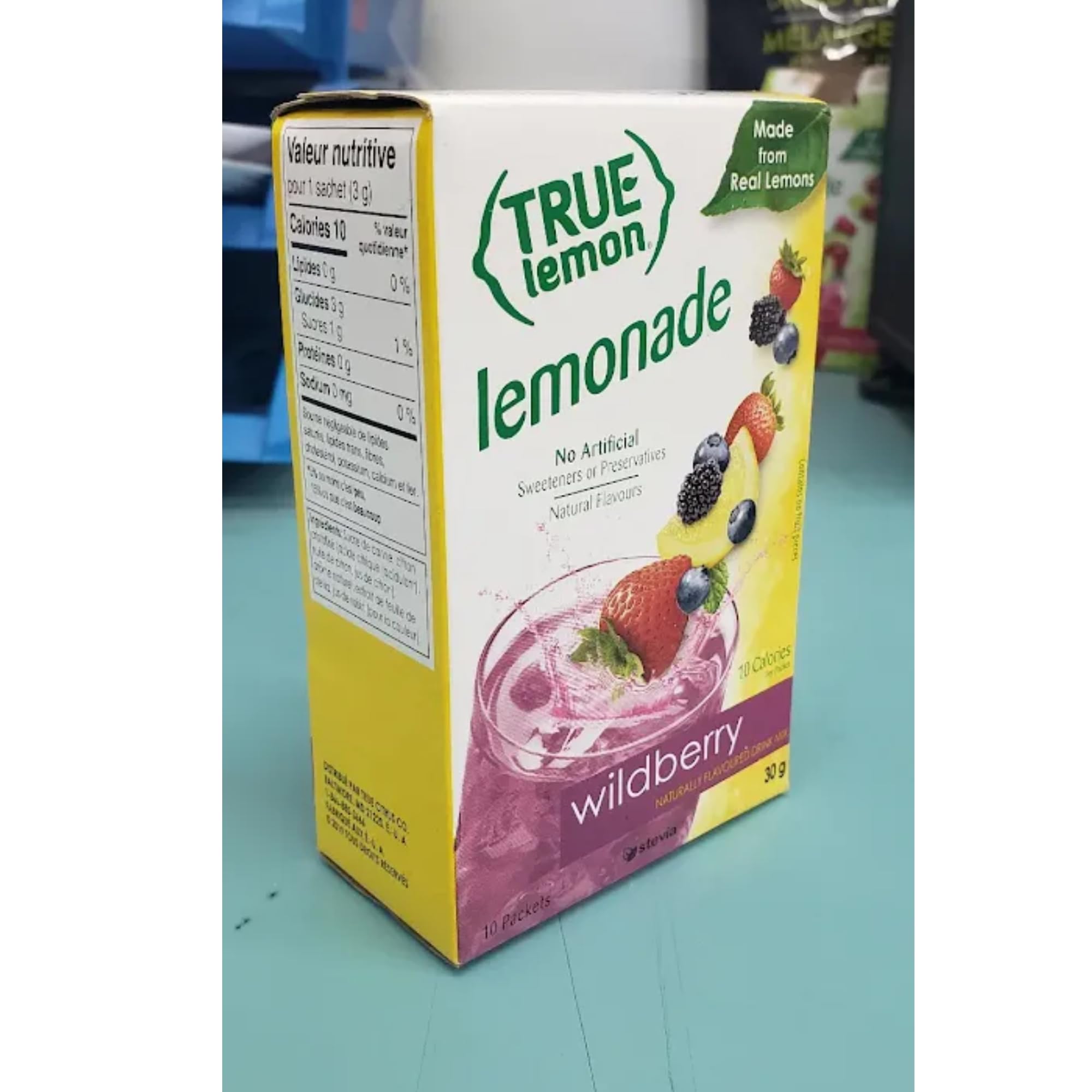 True Citrus Wildberry Lemonade label detail shows no artificial flavors or preservatives