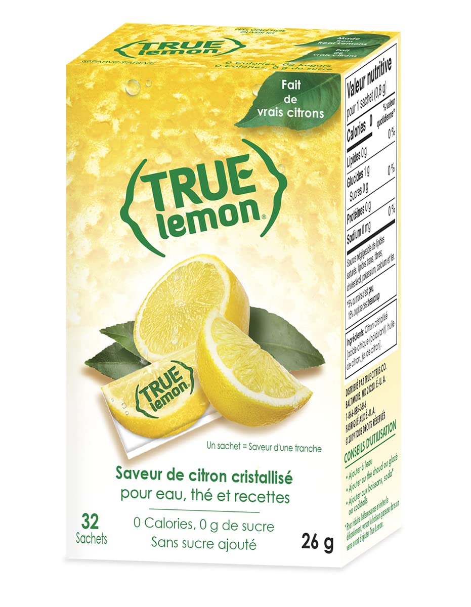 True Lemon packet dissolving in hot tea to brighten citrus flavor