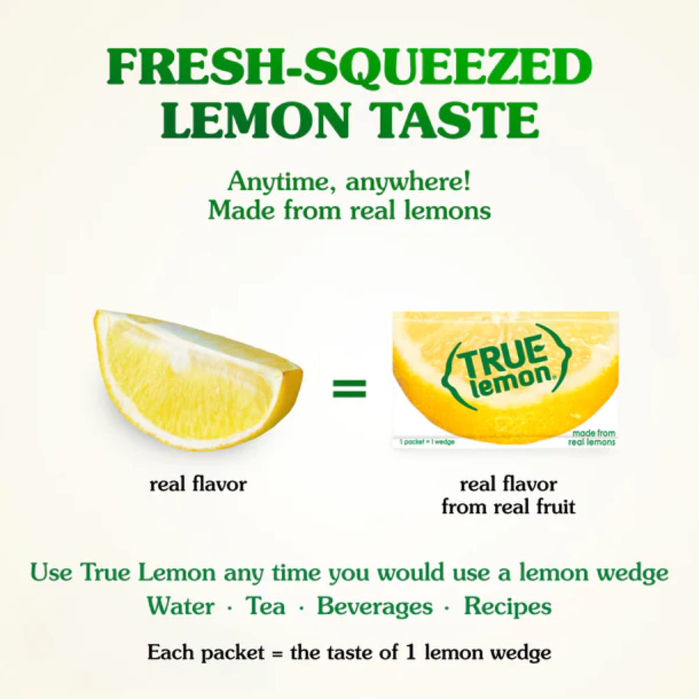 True Lemon packet dissolving into tea releases natural citrus aroma.