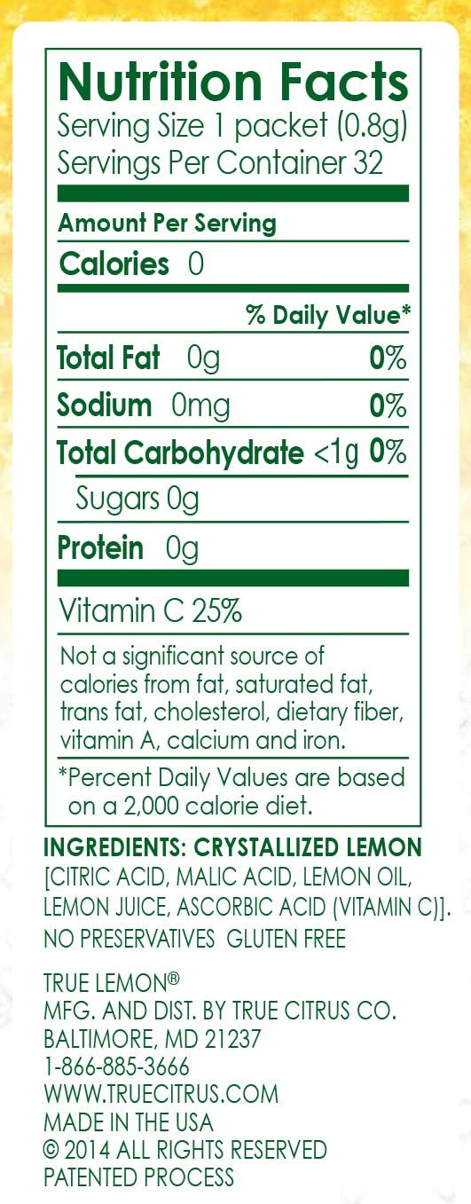 Vitamin C note on True Lemon packaging highlighting natural citrus