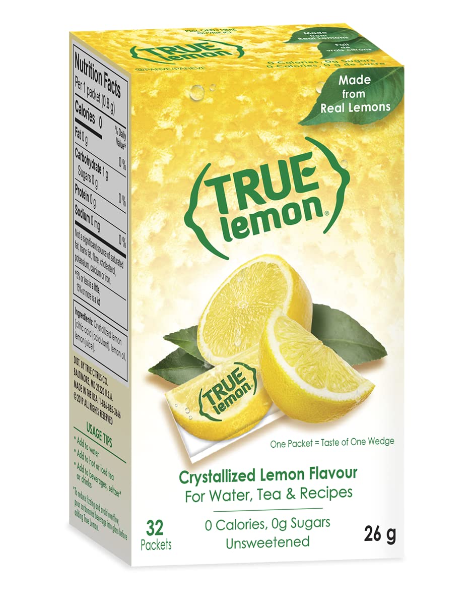 True Lemon crystallized lemon water enhancer front packet for convenient flavoring