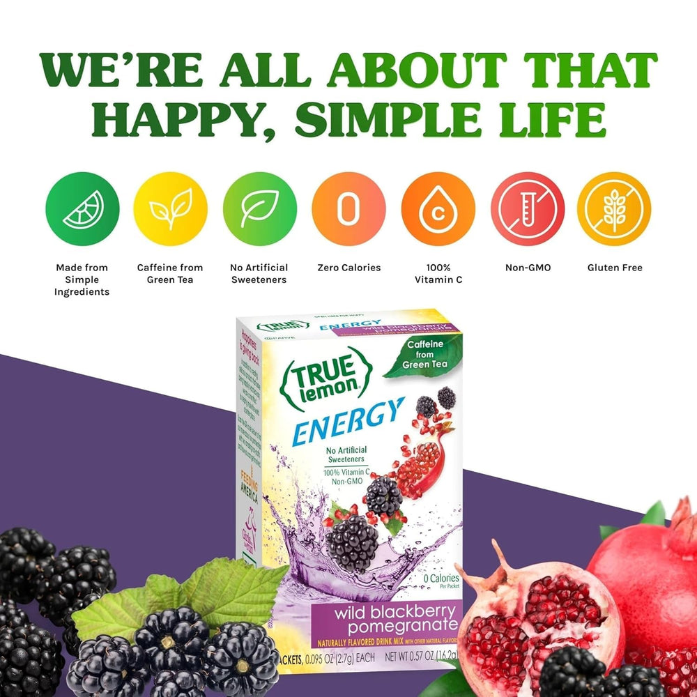 Nutrition label highlights zero calories and vitamin C per packet.