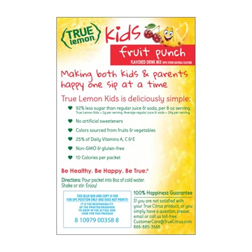 Non-GMO labeling and simple ingredients on True Lemon Kids packaging.