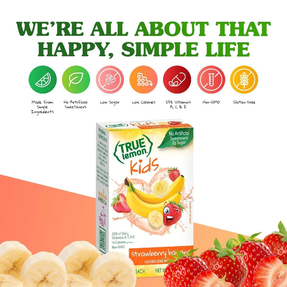 Ingredients panel on True Lemon Kids Strawberry Banana packaging.