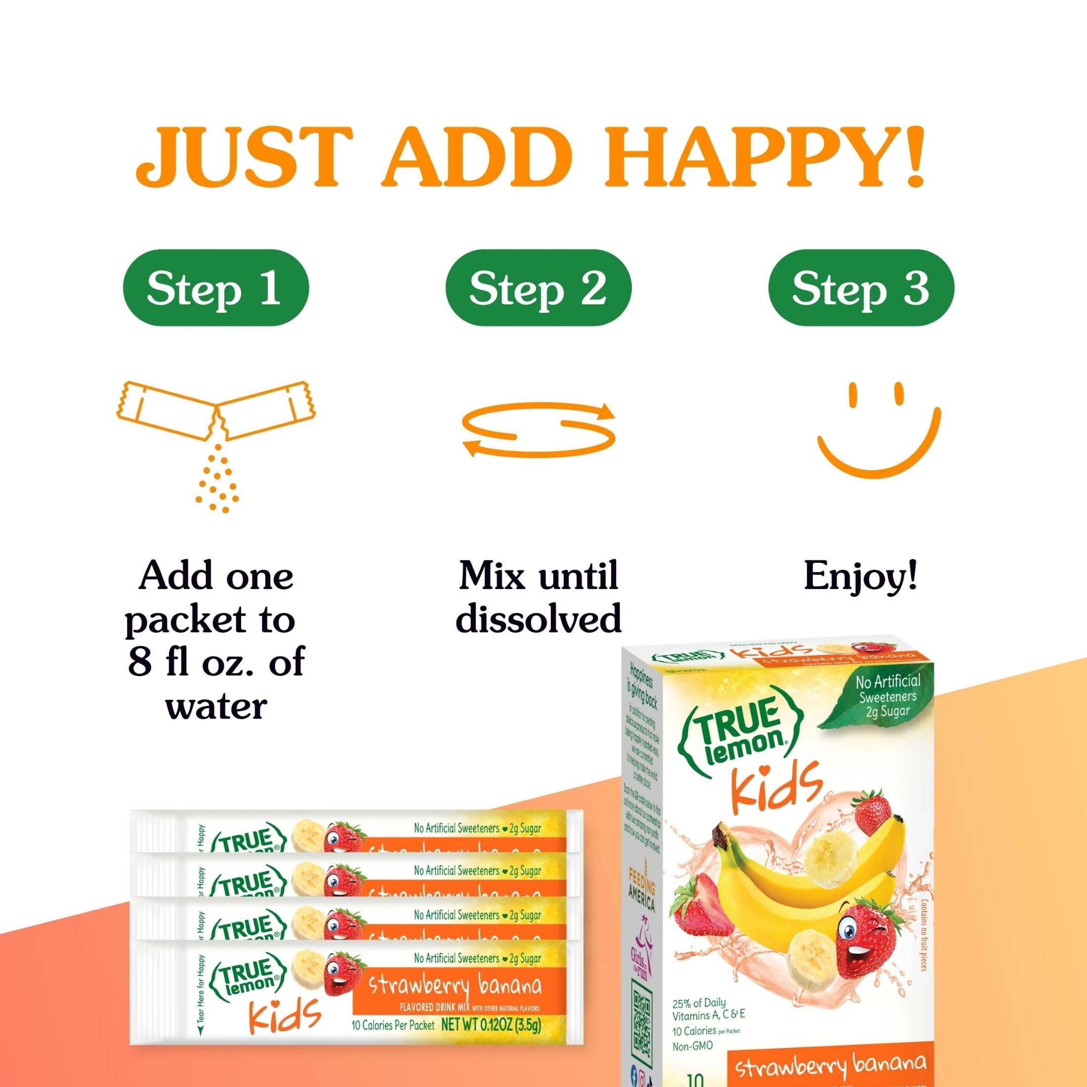 Packaging of True Lemon Kids Strawberry Banana for compact storage.
