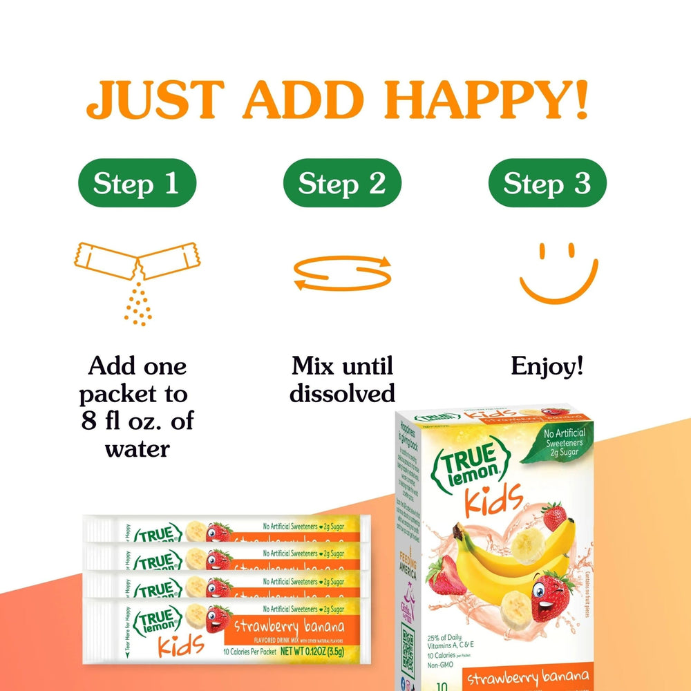 Packaging of True Lemon Kids Strawberry Banana for compact storage.