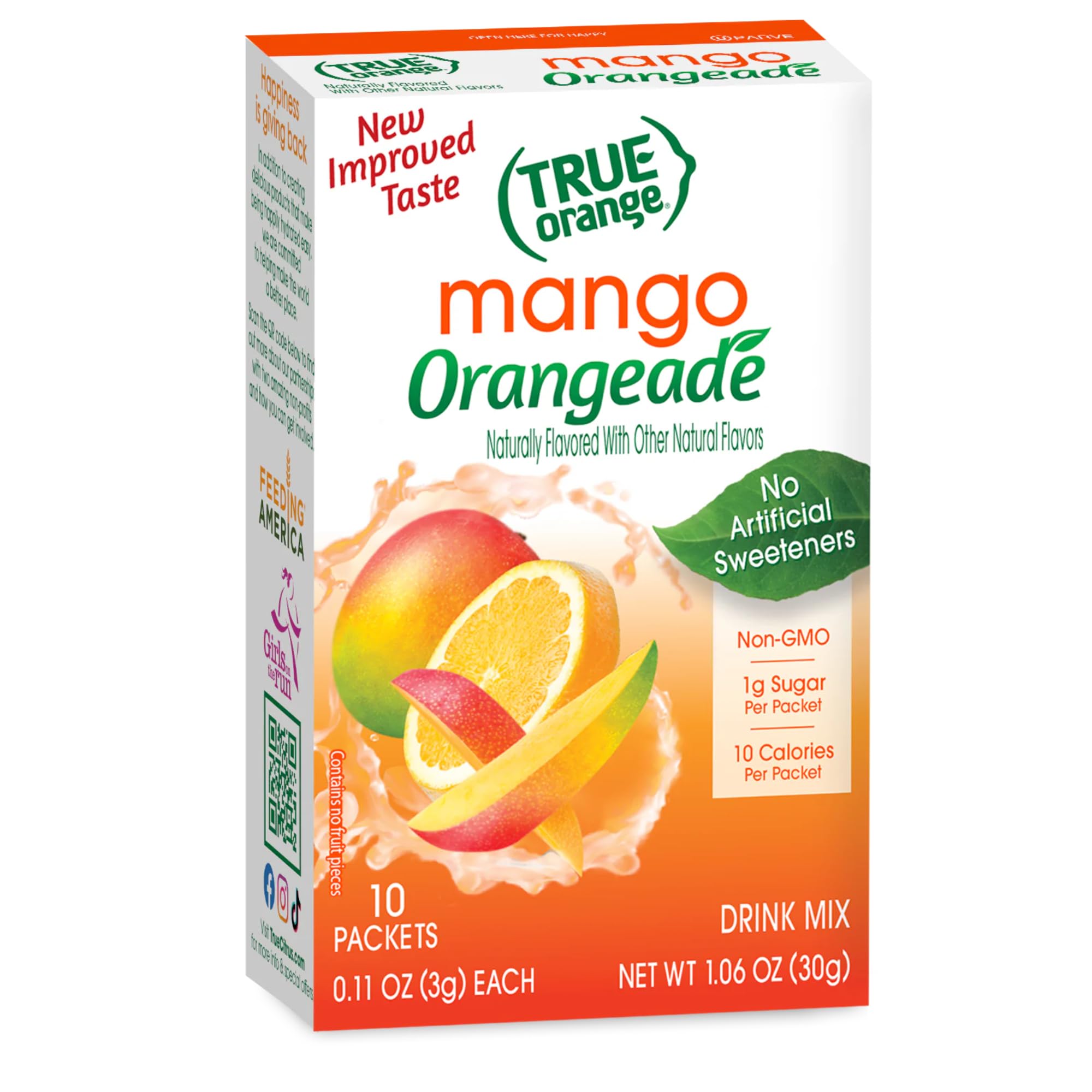 Close-up of True Lemon orange-mango drink mix ingredients highlighting natural components