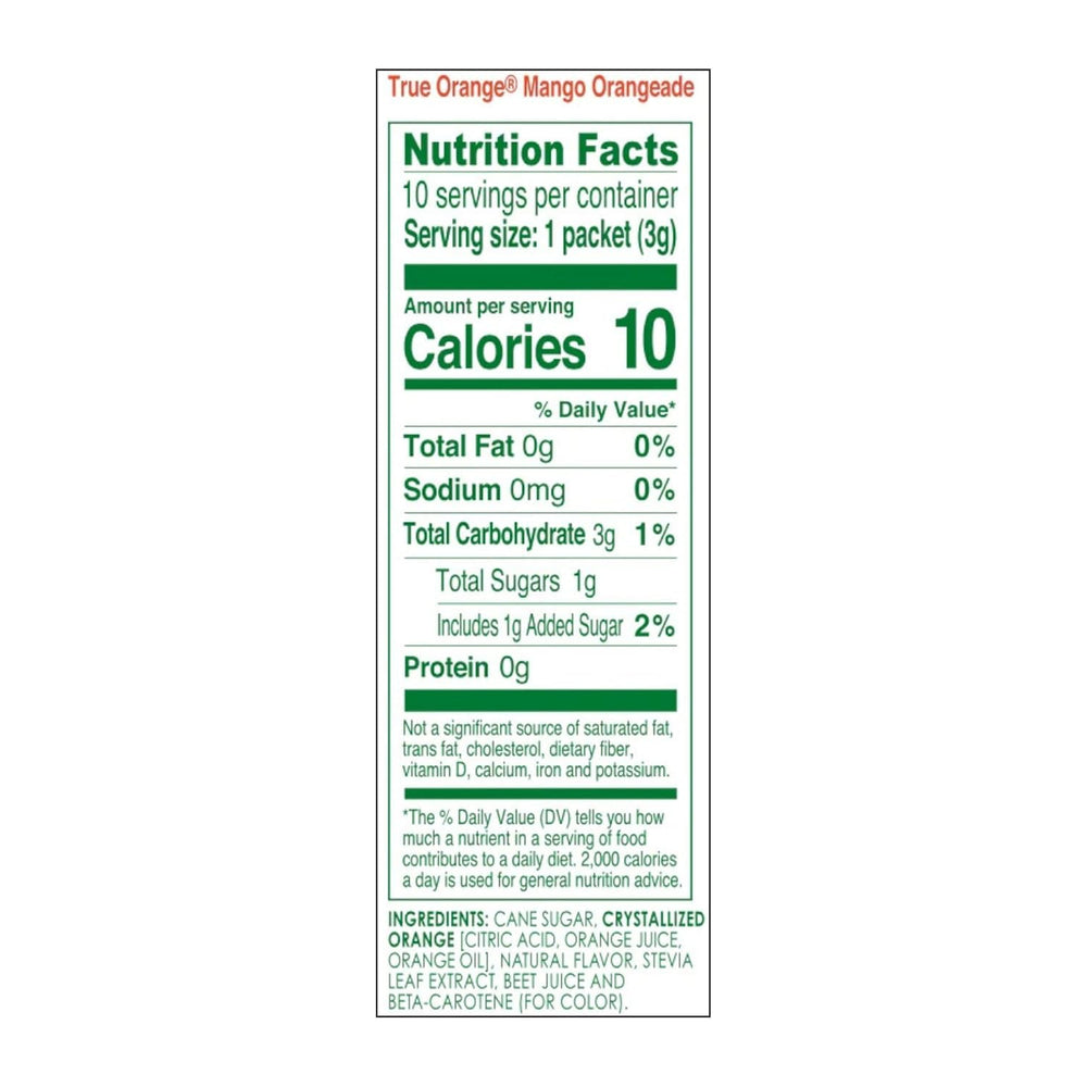 True Lemon mango orange drink mix pack 4 box back showing ingredients and nutrition