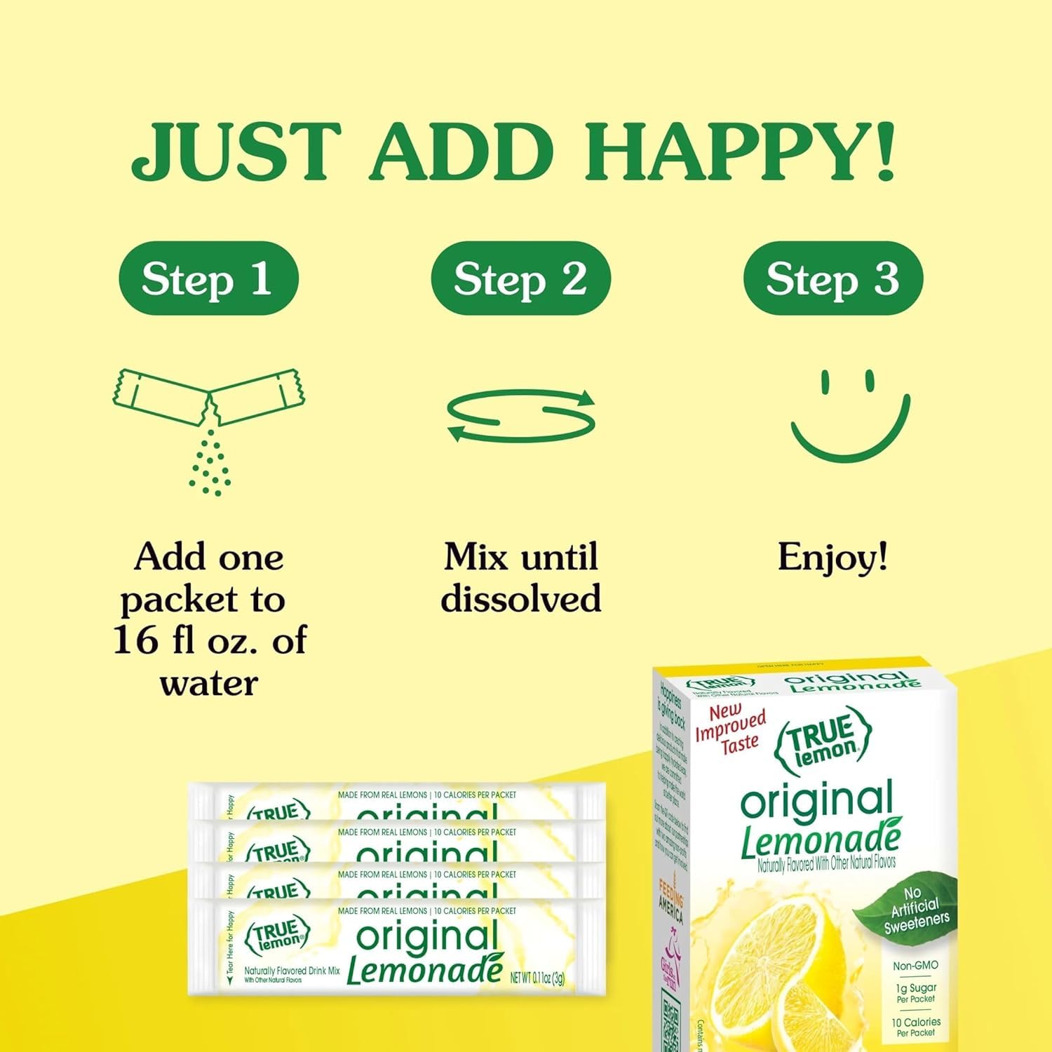 True Lemon Original Lemonade dissolving packet highlights quick hydration without artificial additives