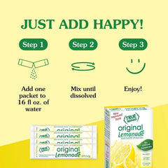 True Lemon Original Lemonade dissolving packet highlights quick hydration without artificial additives