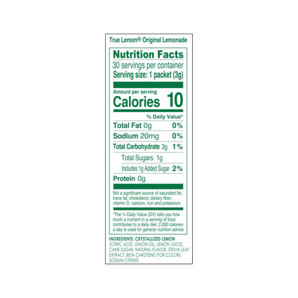 True Lemon Original Lemonade glass of water shows real citrus flavor with no artificial sweeteners