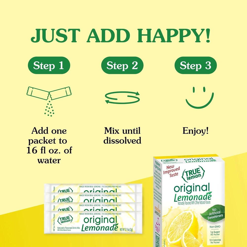 Close-up of the True Lemon Original Lemonade packet being opened