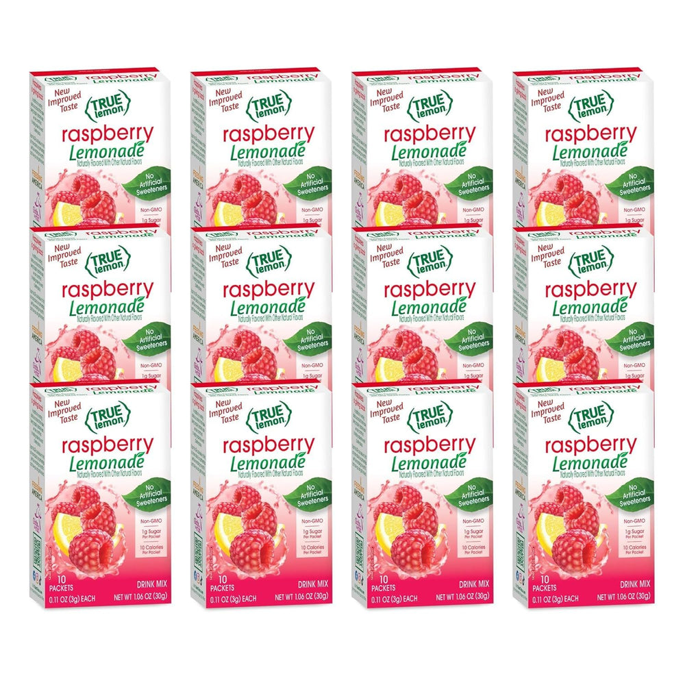 True Lemon Raspberry Lemonade packet pours into water for refreshing hydration.