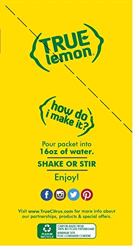 Piles of True Lemon Raspberry Lemonade packets on a kitchen shelf.