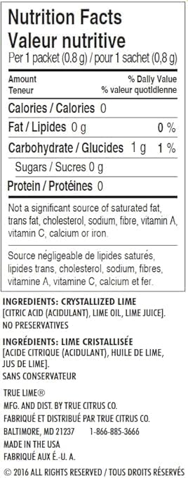 True Lime packet closeup unsweetened; zero sugar and no artificial sweeteners