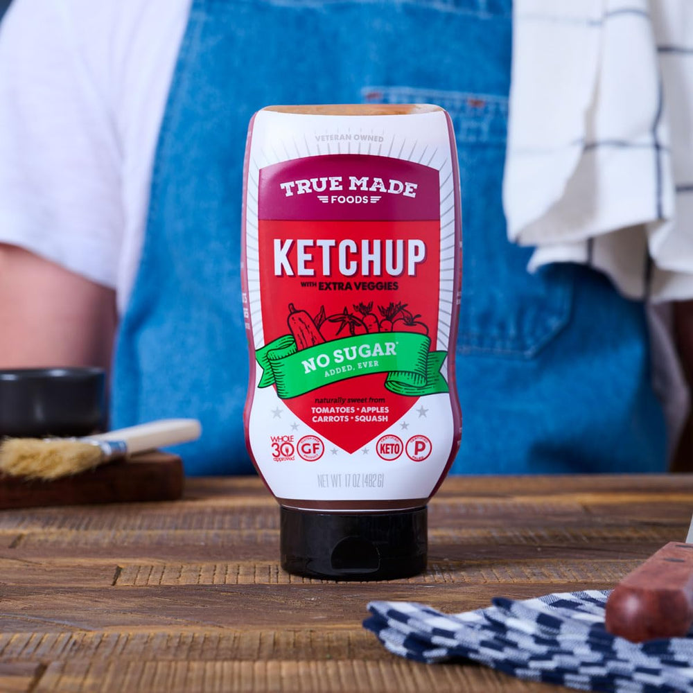 True Made Foods No Added Sugar Vegetable Ketchup Squeeze family dipping with fries